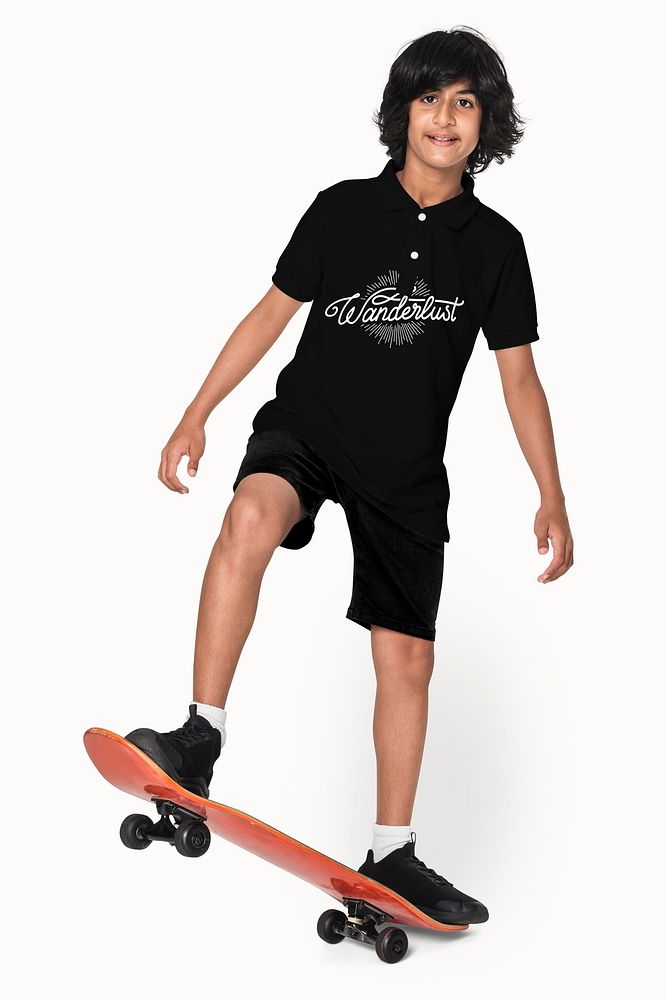 Teenage skater in black polo t-shirt sporty youth fashion studio shoot