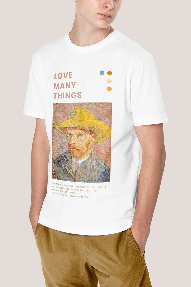 White t-shirt psd mockup with Van Gogh print teen&rsquo;s apparel shoot