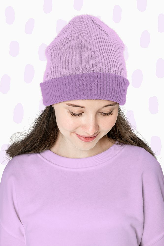 Purple beanie mockup psd with OMG graphic street teenage fashion shoot
