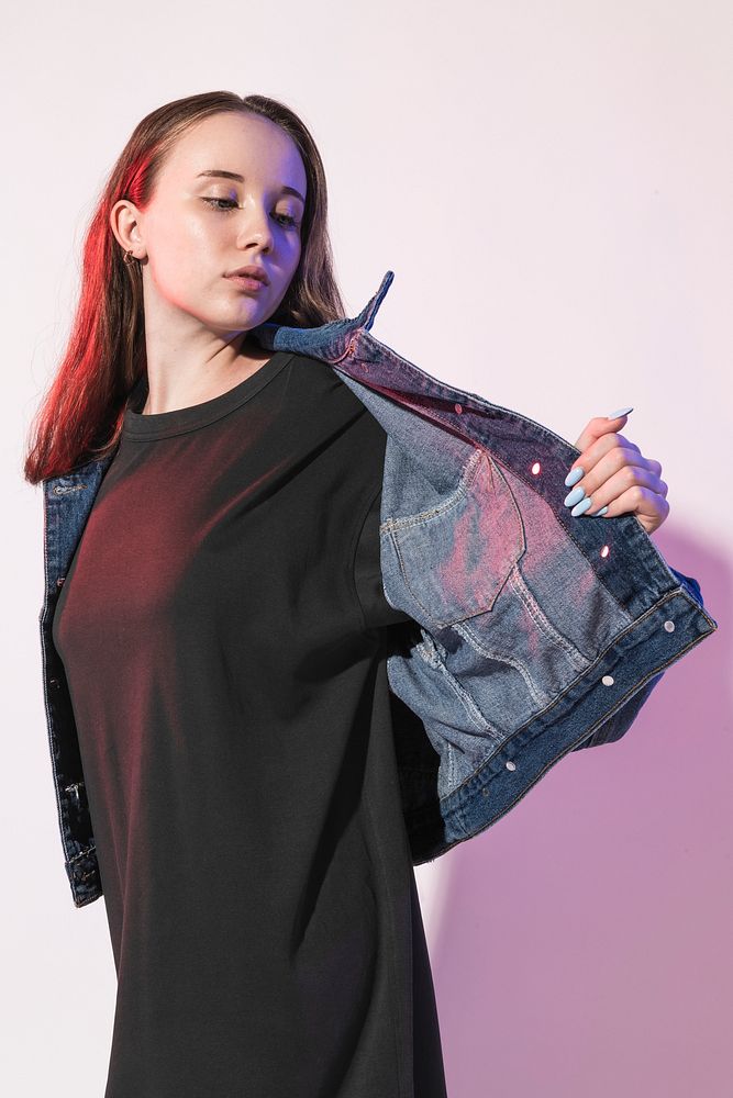 Black t-shirt psd mockup with denim jacket youth apparel shoot