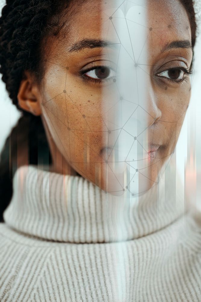 Female face with facial recognition for biometric identification