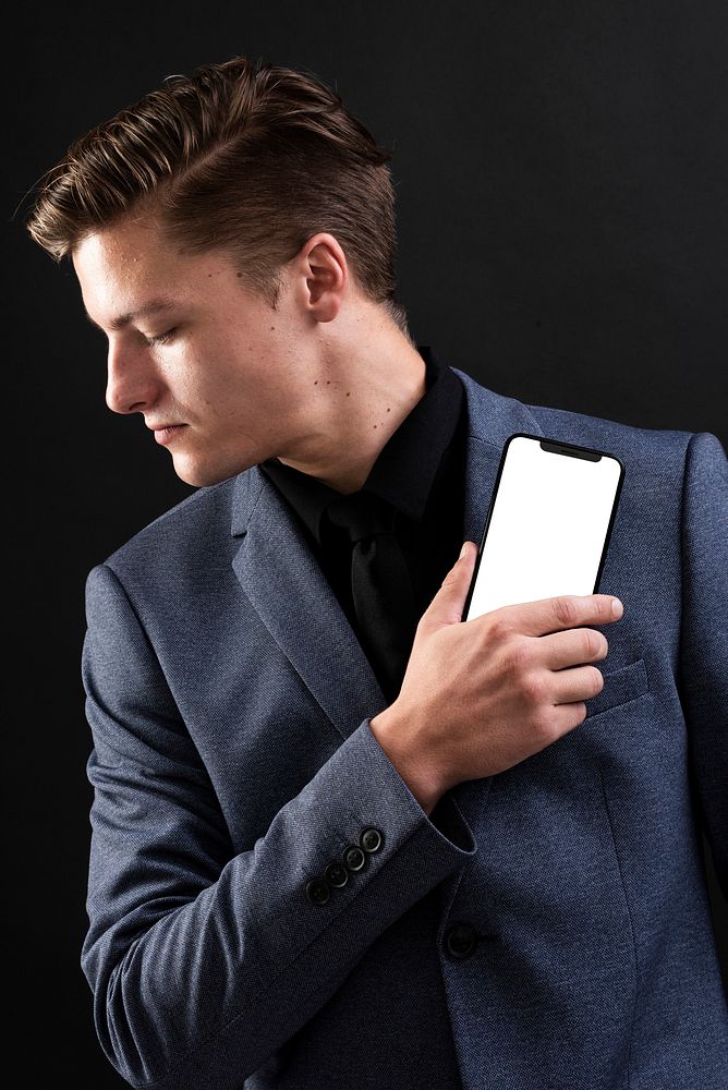 Man in suit psd smartphone screen mockup 