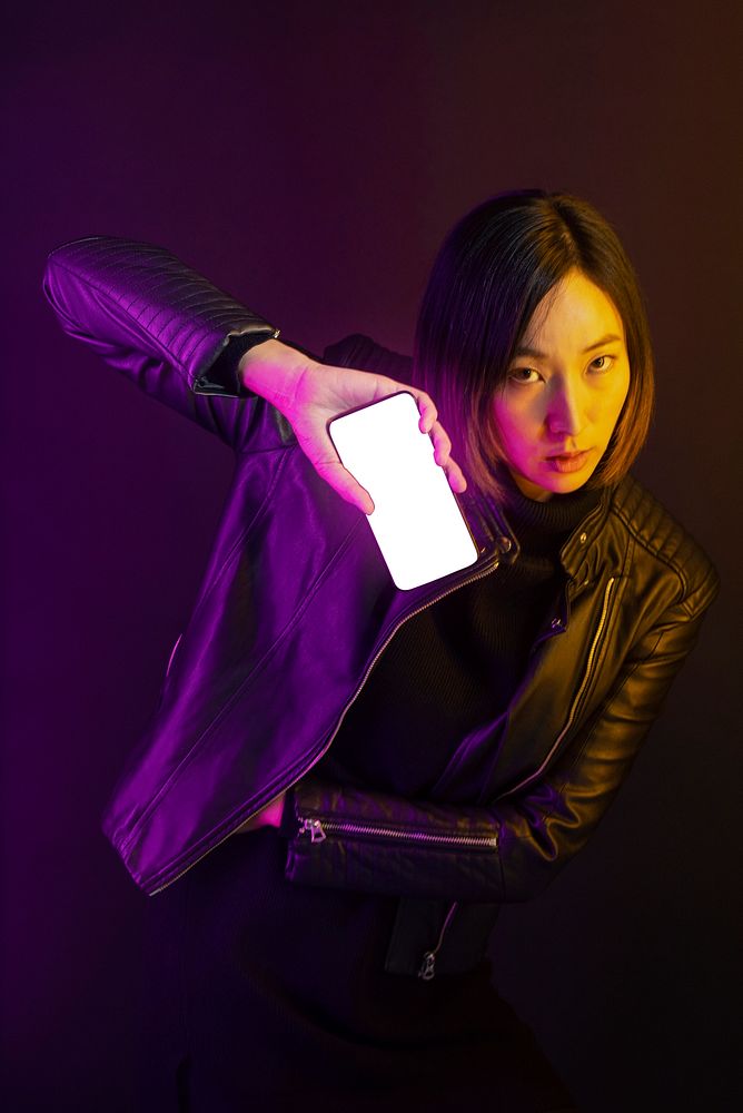 Asian woman showing blank screen smartphone innovative future technology