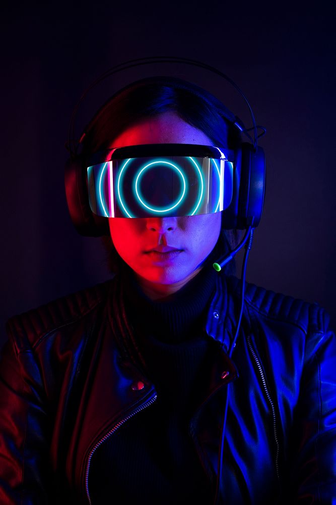 Female with smart glasses mockup psd gaming technology
