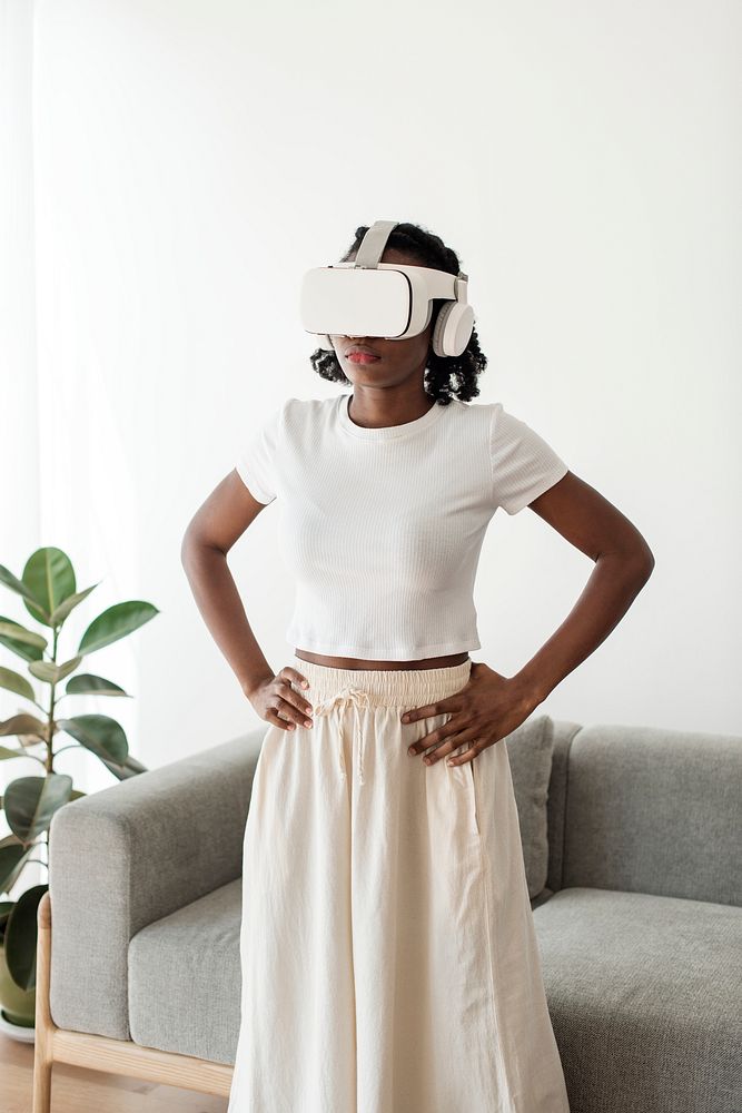 African American  woman experiencing VR simulation