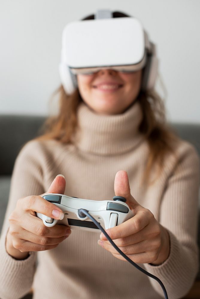 Woman in VR headset playing game