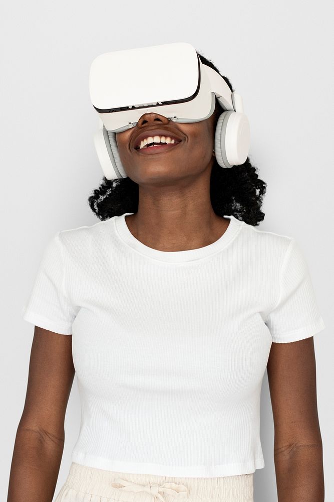 Woman with VR headset mockup psd entertainment technology