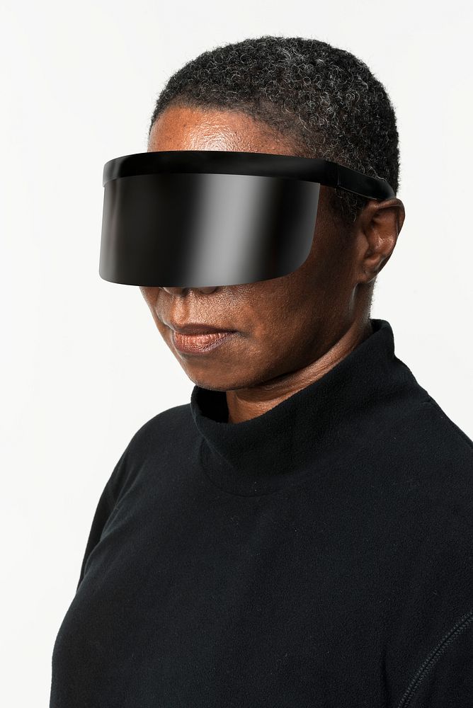 African American woman with black shield glasses