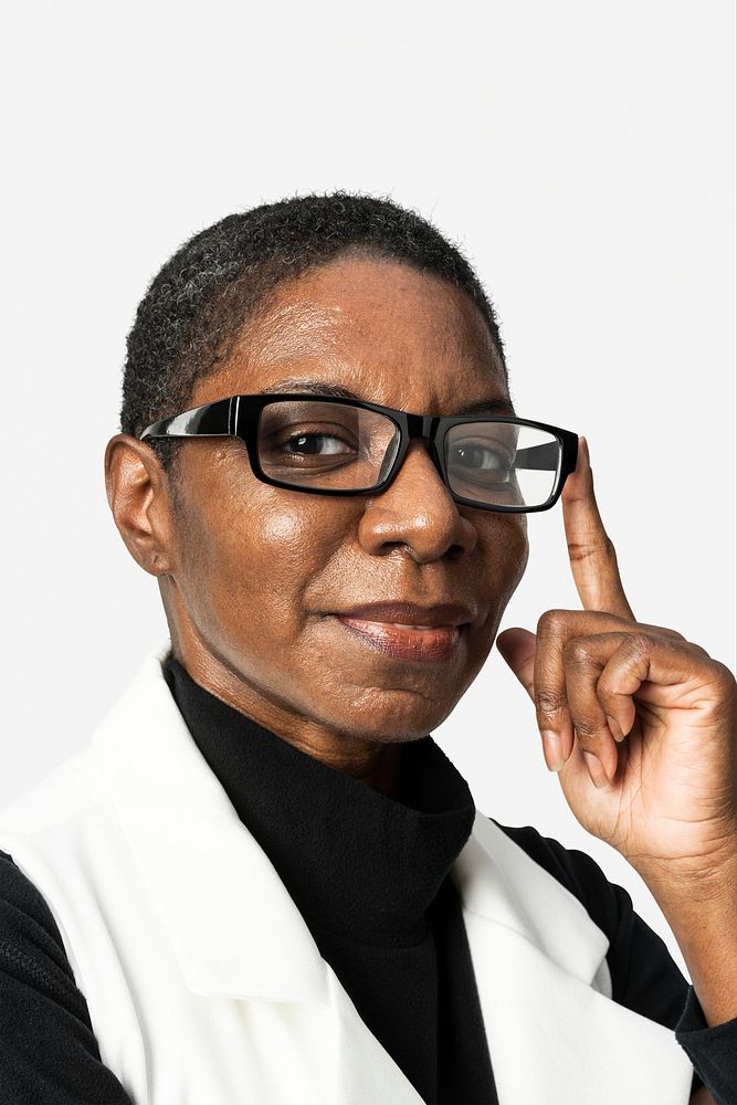 African American woman mockup psd in beige suit portrait touching a glasses