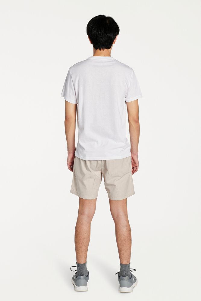 Men mockup in casual white tee and shorts rear view