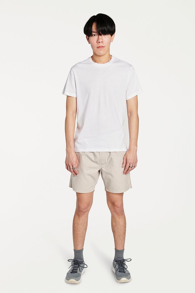 Men mockup in casual white tee and shorts