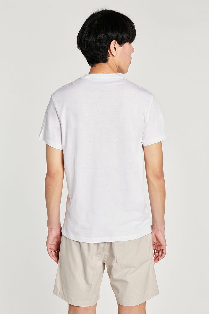 Asian man in a white tee mockup rear view