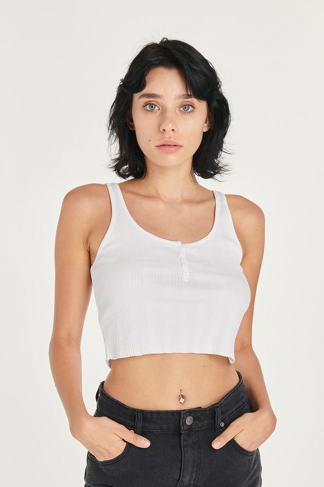 Woman in a white cropped top 