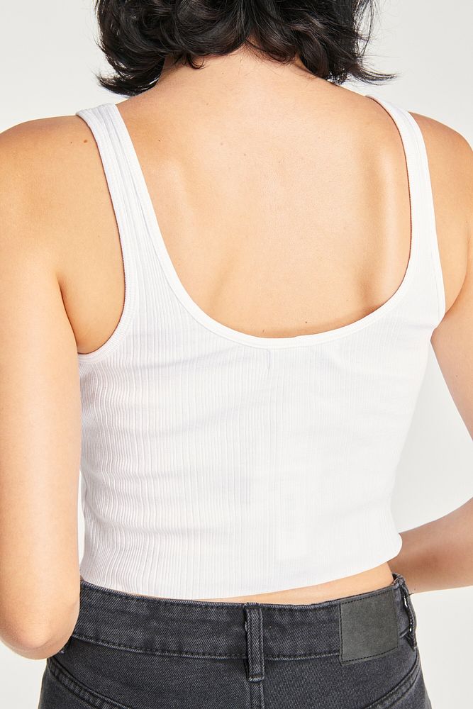 Simple white tank top mockup on a female model