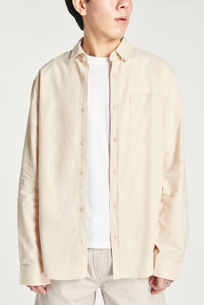 Men's beige long sleeves shirt mockup minimal outfit