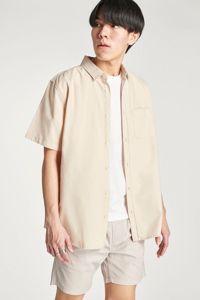 Men's beige shirt mockup minimal outfit