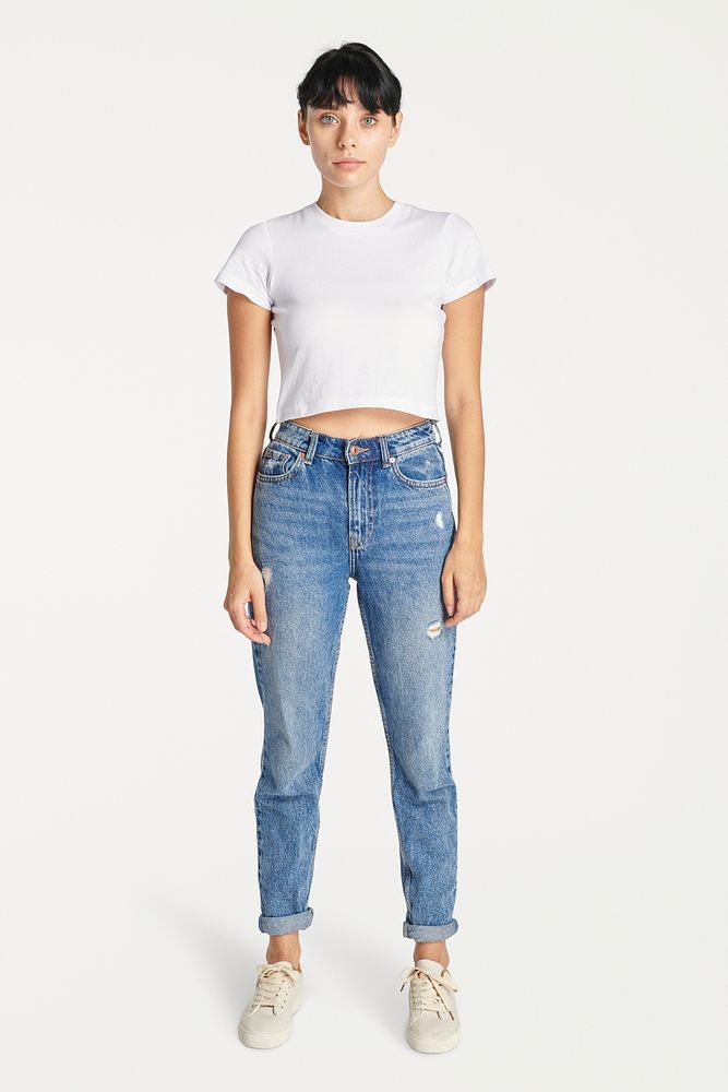 Women mockup in white crop top and jeans