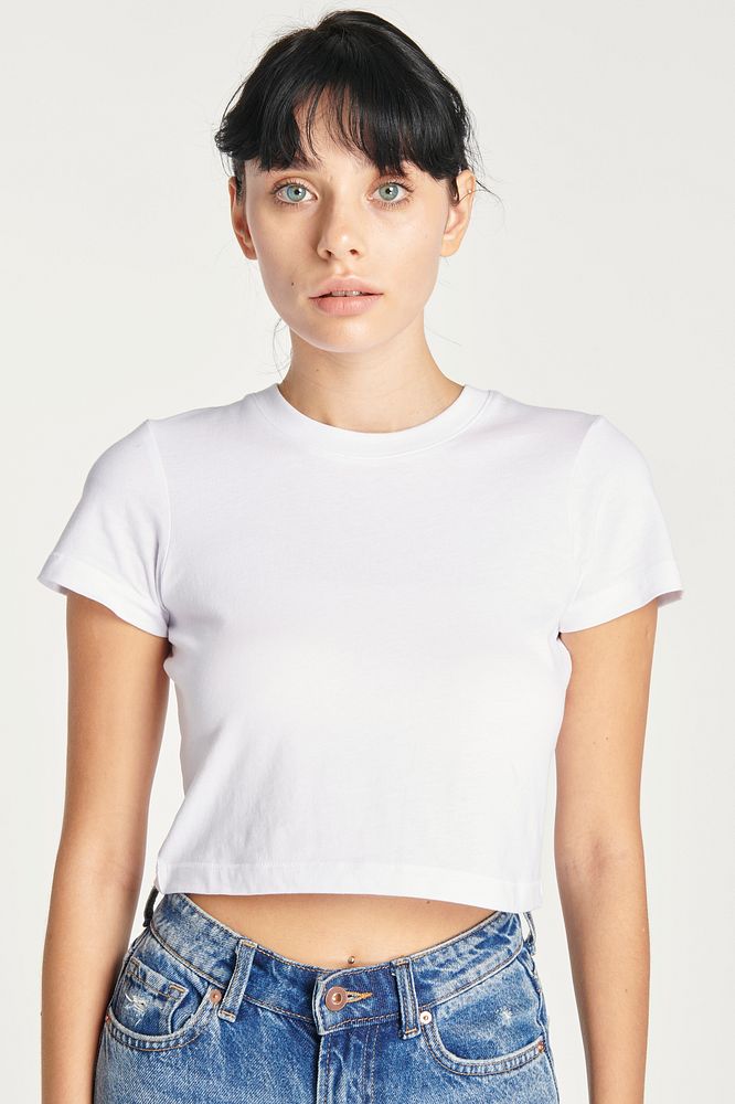 Women in a sexy white cropped top with design space
