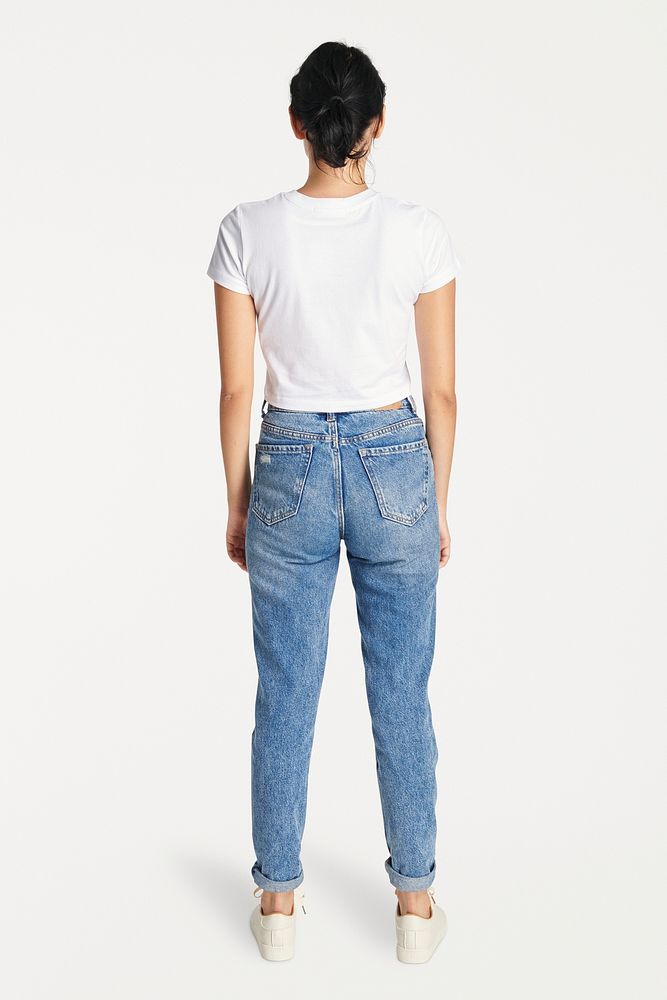 Women mockup in white crop top and jeans rear view 