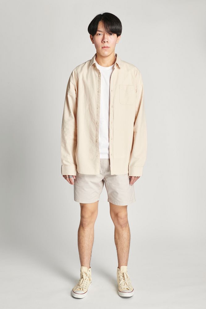 Men's beige long sleeves shirt mockup minimal outfit