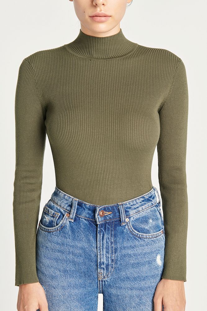 Green turtleneck top with blue jeans mockup