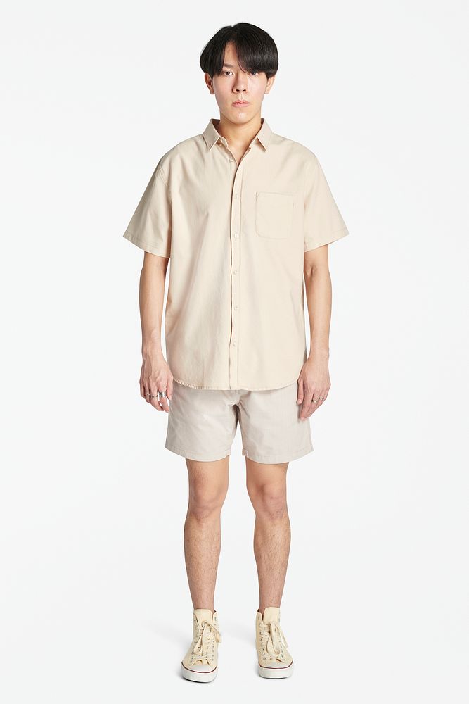Men mockup in casual cream t-shirt and shorts