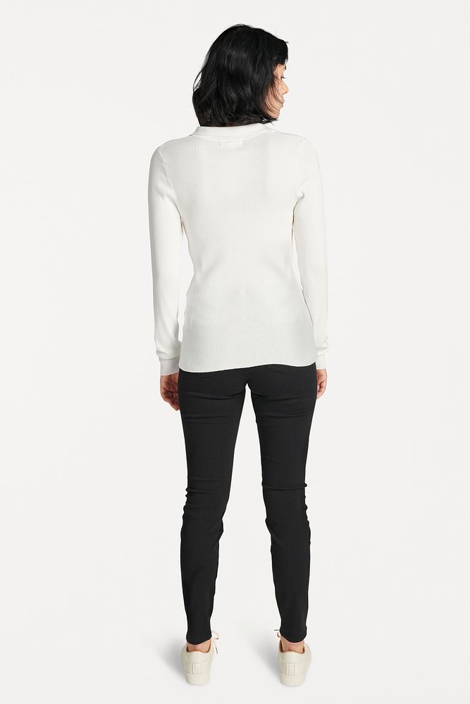 Rear view of a woman in long sleeved t-shirt