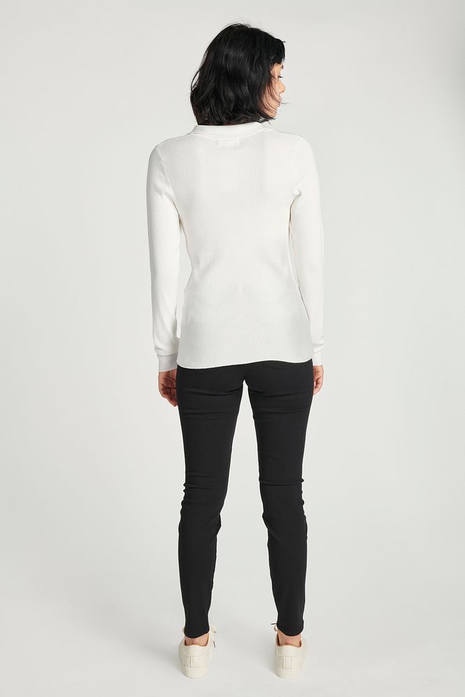 Rear view of a woman in long sleeved t-shirt