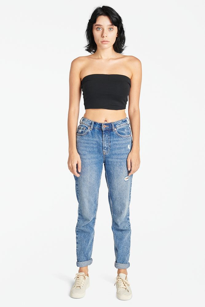 Women mockup in black bandeau with vintage mum jeans outfit