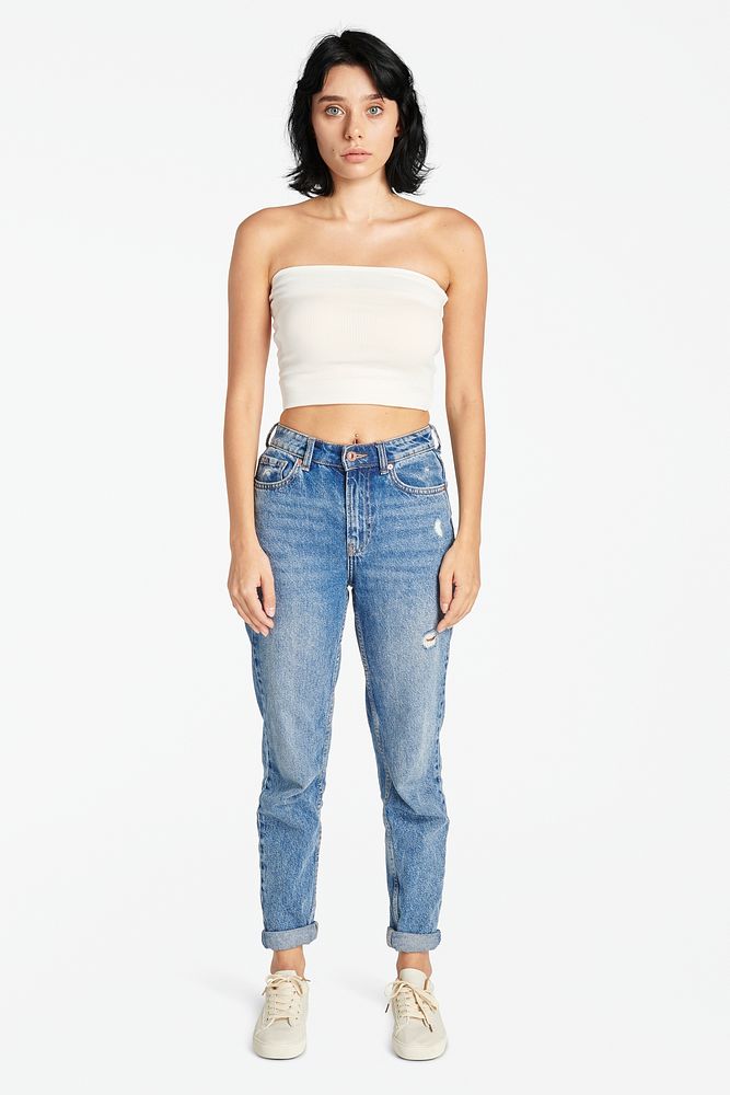 Women mockup in white bandeau with vintage mum jeans outfit