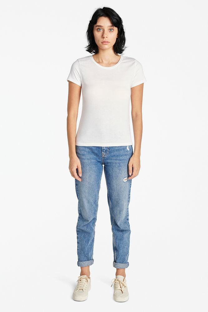 Women mockup in white tee with vintage mum jeans outfit