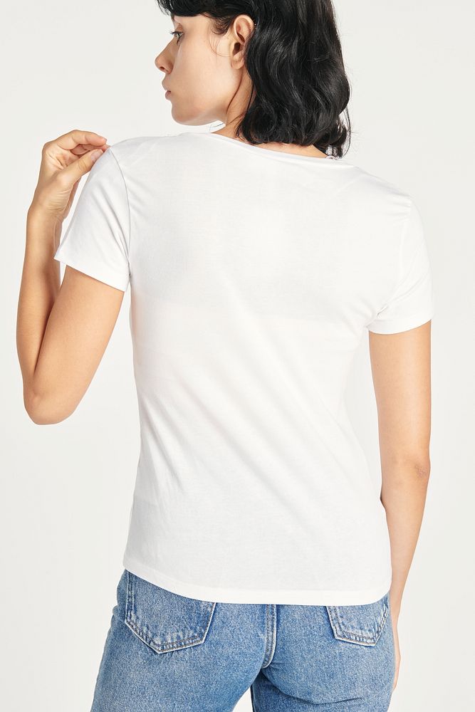 Woman in a white t-shirt mockup rear view