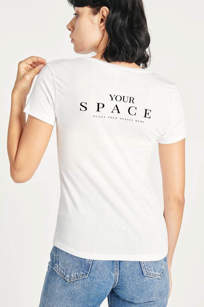 Woman in a white t-shirt mockup design space