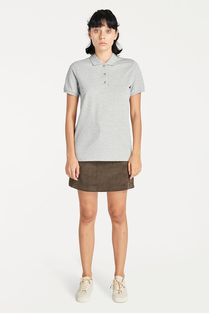 Women mockup in gray polo shirt and skirt 