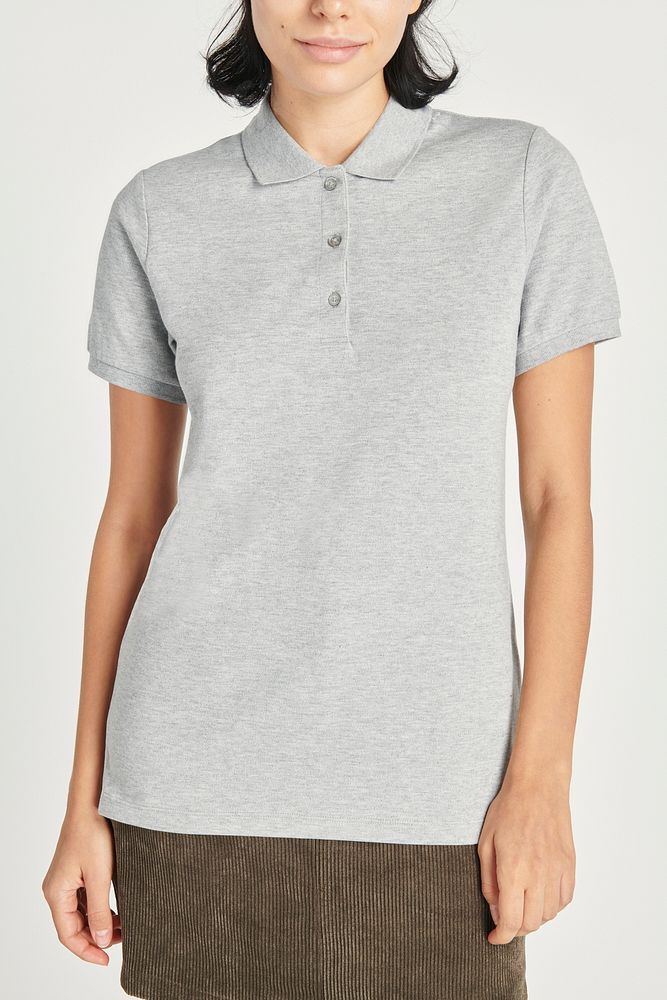 Gray collared shirt mockup on female model