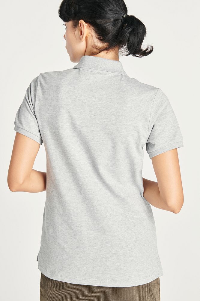 Woman wearing a gray collared shirt mockup