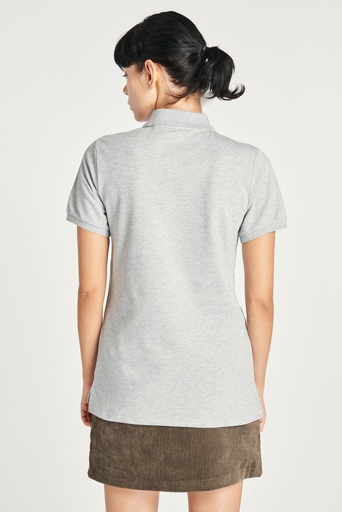 Women's gray polo shirt mockup outfit
