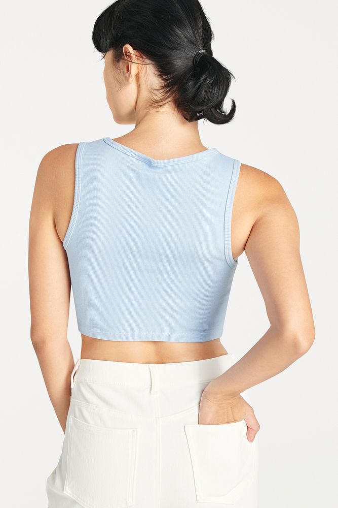 Women's blue crop top mockup rear view