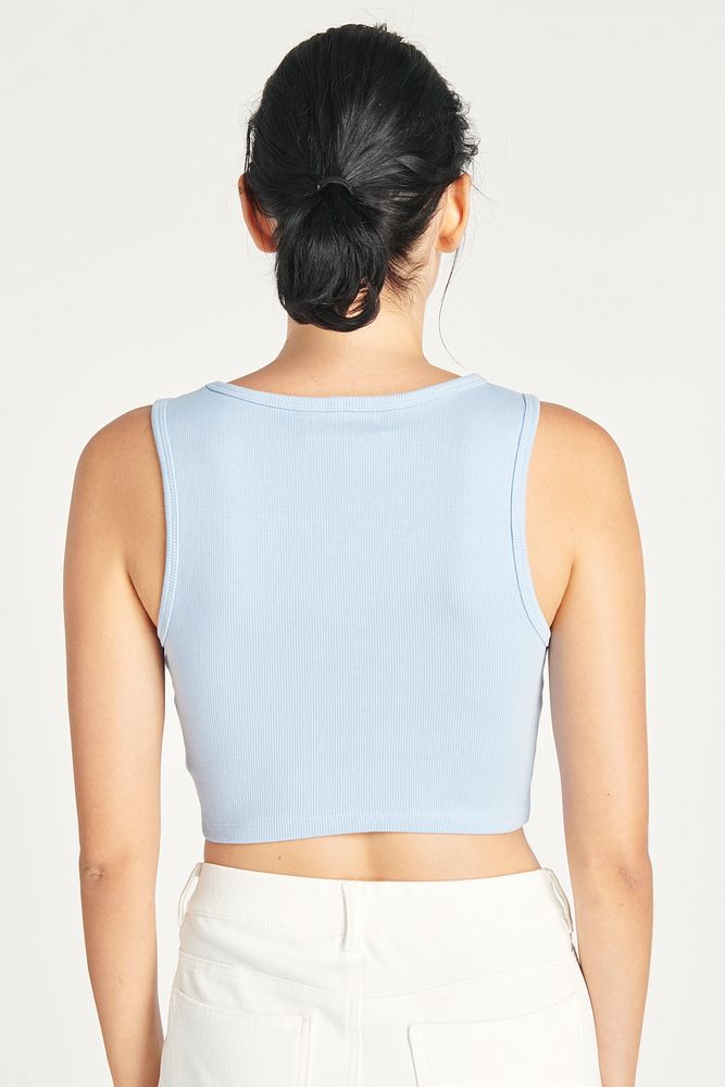 Women's blue crop top mockup rear view