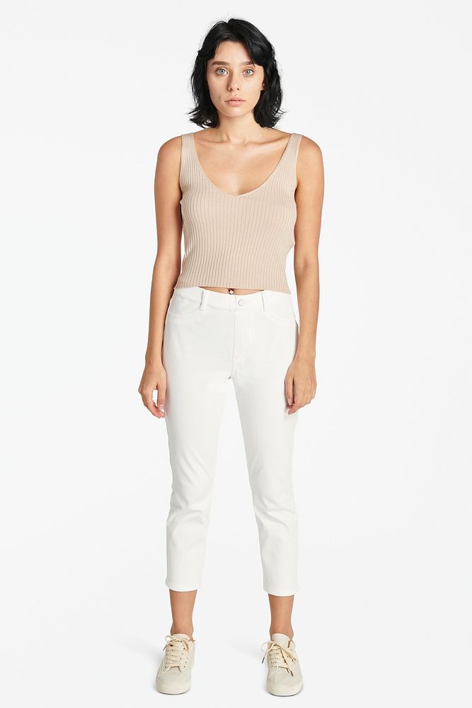 Women's white pants and beige top mockup