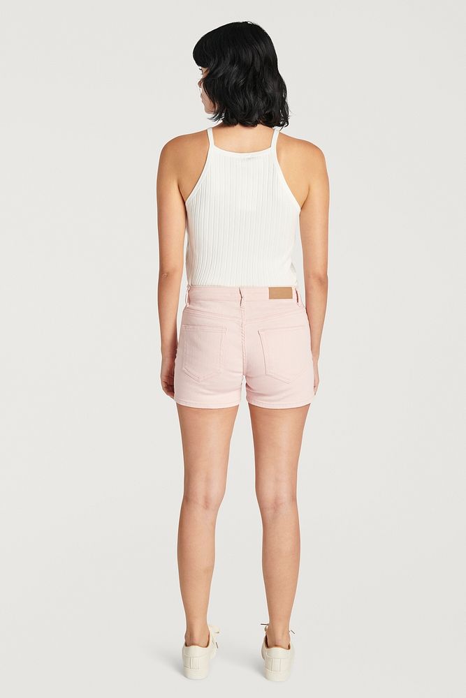 Women's white cropped top with pink jeans psd mockup rear view