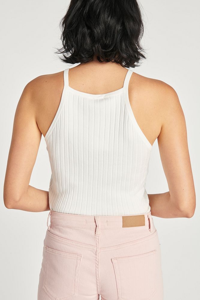 Woman in a white cropped top mockup rear view