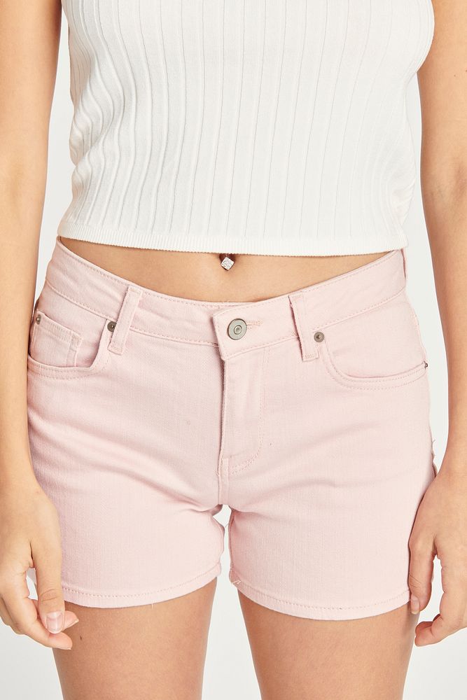 Women's white crop top and light pink short jeans mockup