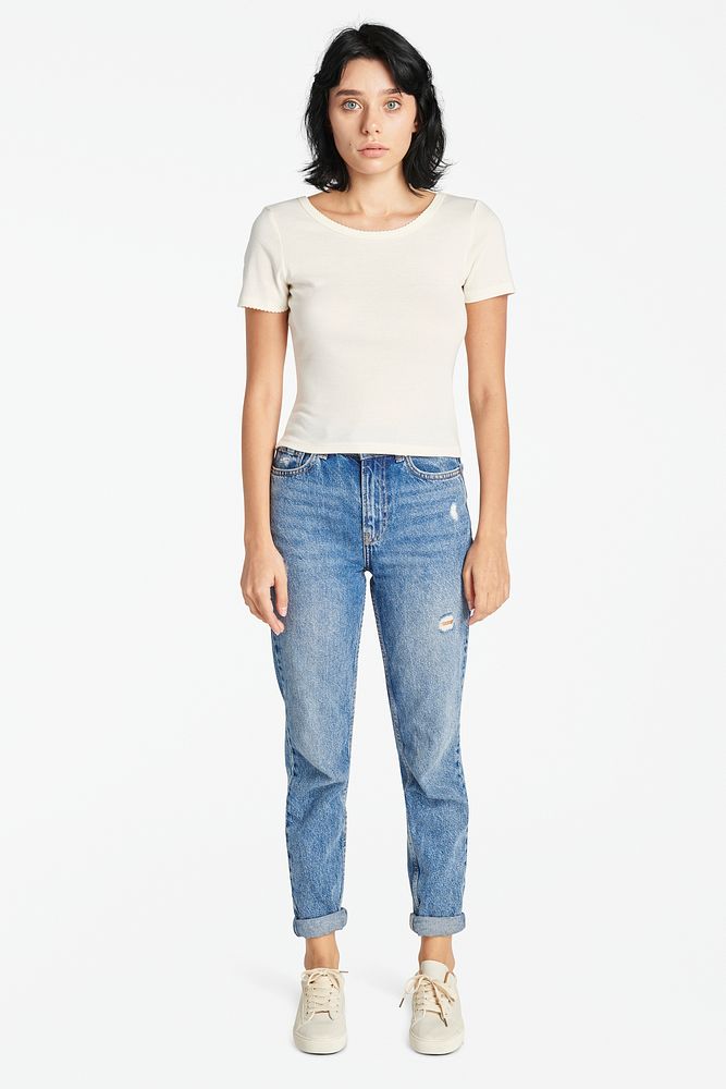 Women's white tee mockup with vintage mum jeans outfit