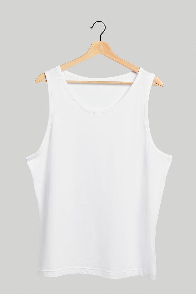 Women's white tank top mockup on a hanger