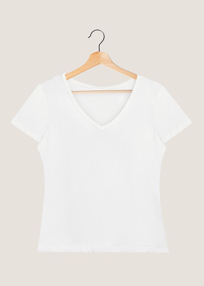Women's white t-shirt mockup on a wooden hanger