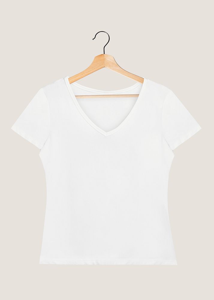 White t-shirt mockup on a wooden hanger