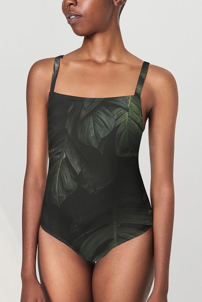 Black woman in leaf printed swimsuit psd mockup