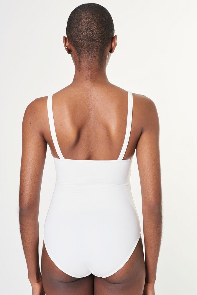 Black woman in white one piece swimsuit mockup rearview