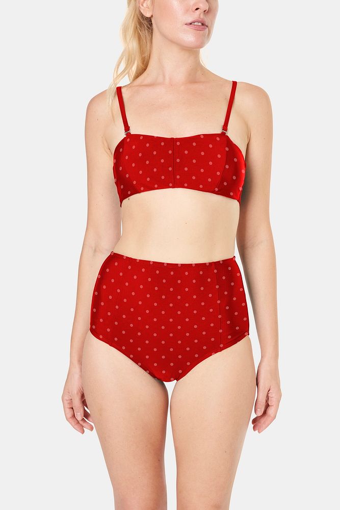 Women's red polka dots two pieces swimsuit psd mockup